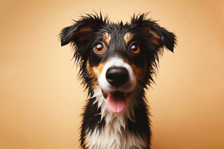 Hey, wet dog looks surprised on solid background. ai generative.の素材