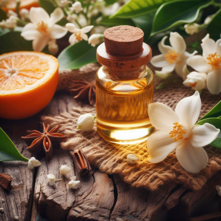 Neroli essential oil with flowers on a wooden background. ai generative.の素材