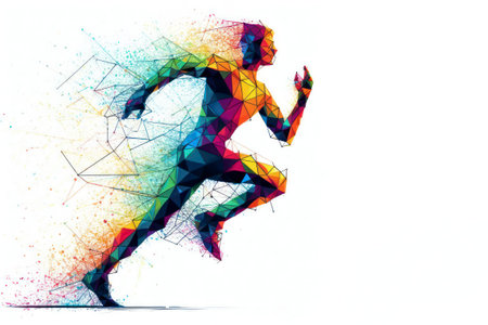 Polygonal person running colorful splash contrast sharp on white background. ai generative.の素材