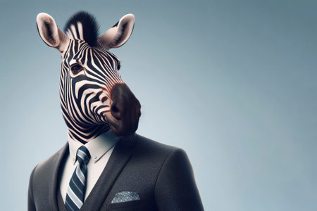 Zebra dressed in an elegant and modern suit with a tie. Fashion portrait of an anthropomorphic animal. ai generative.の素材