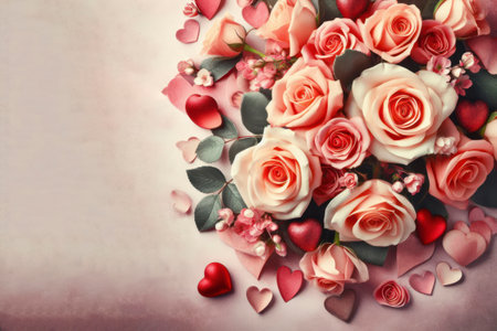 Roses Bouquet and Hearts background. Valentine or Wedding background. ai generative.の素材