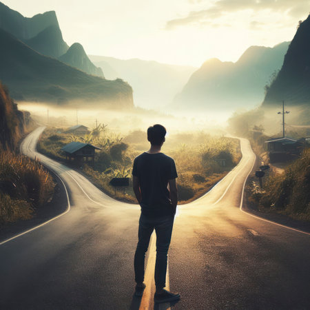 A man stands on a road, the roads go in different directions. ai generative.の素材