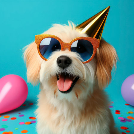 cute dog in party hat and sunglasses over color background. ai generative.の素材