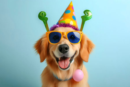 cute dog in party hat and sunglasses over color background. ai generative.の素材