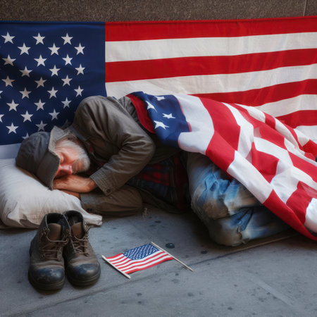Homeless man sleeps on the pavement in the USA, hiding behind the American flag. ai generative.の素材