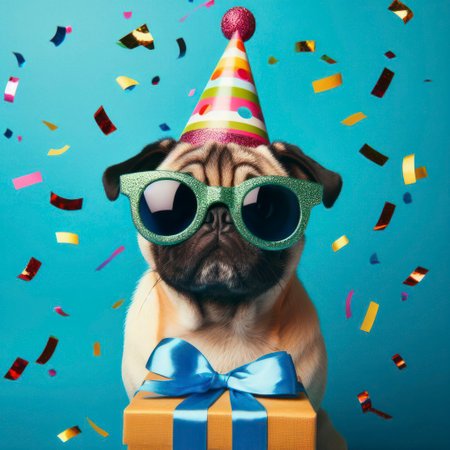 a pug dog wearing a party hat and sun glasses on solid blue background with falling confetti. ai generative.の素材