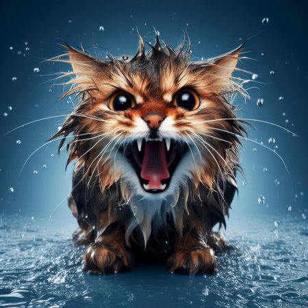 funny angry wet cat with open mouth emotion on solid blue background with water splash. ai generative.の素材