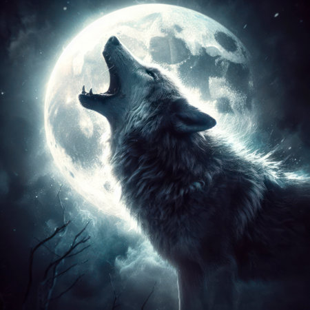 Wolf howls at the glowing moon close up. ai generative.の素材