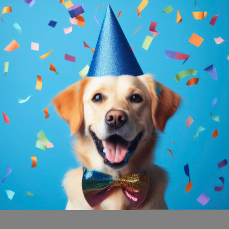a dog wearing a party hat on solid blue background with falling confetti. ai generative.の素材