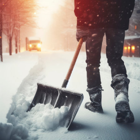 A person using a snow shovel to clear snow from a path after a winter storm. ai generative.の素材