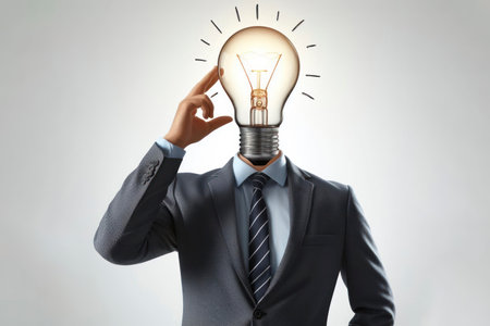 Businessman with light bulb instead of head on white background. Idea concept. ai generative.の素材