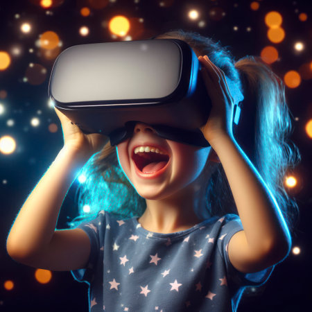 Excited child wearing VR headset with a big smile on face. ai generative.の素材