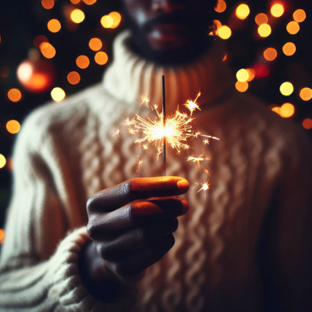 a human hand holding a christmas or new year festive party sparkler burning and shinning. ai generative.の素材