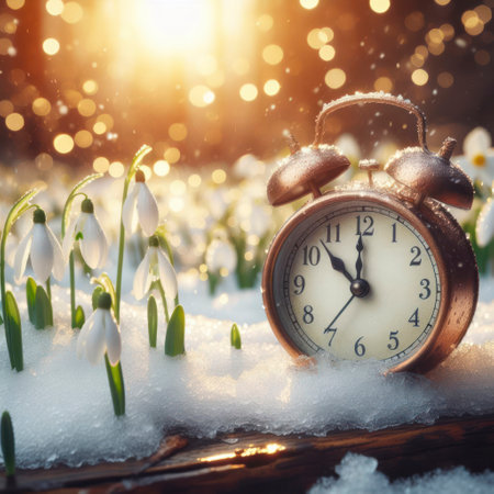 Alarm clock in melting snow on the street with snowdrops on nature background. ai generative.の素材