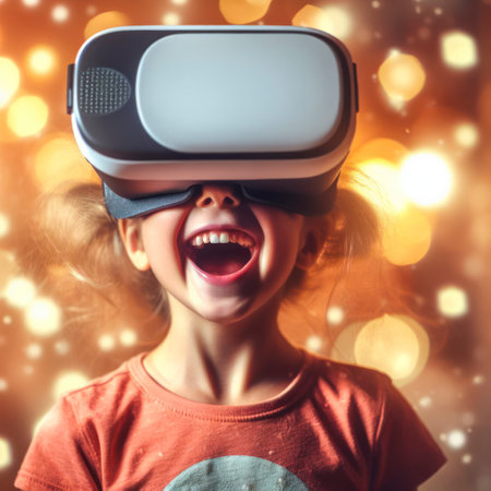 Excited child wearing VR headset with a big smile on face. ai generative.の素材