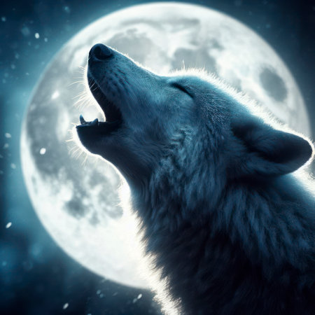 Wolf howls at the glowing moon close up. ai generative.の素材