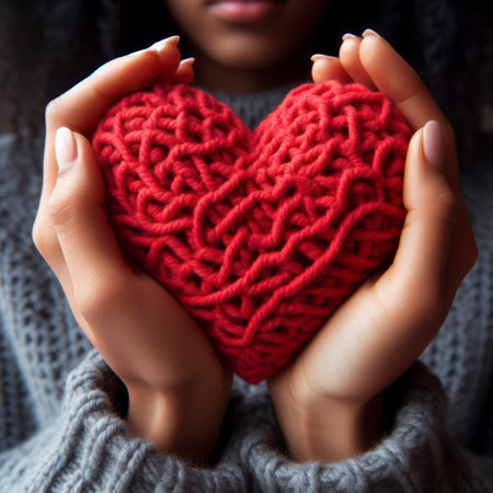 Knitted red heart in the hands of a girl closeup. ai generative.の素材