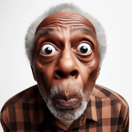 Funny Portrait of surprised senior black man with Huge Eyes on solid white background, wide angle shot. ai generative.の素材