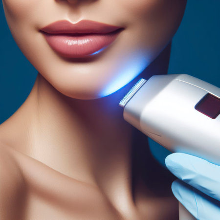 Close up Laser hair removal on solid blue background. ai generative.の素材