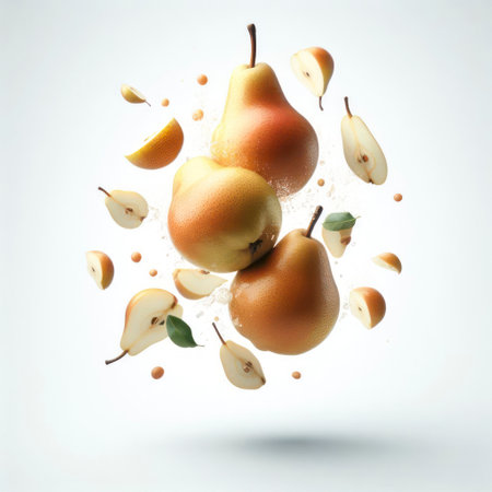 fresh raw ripe pears flying in the air on white gradient background. fruit food ingredient levitation. ai generative.の素材