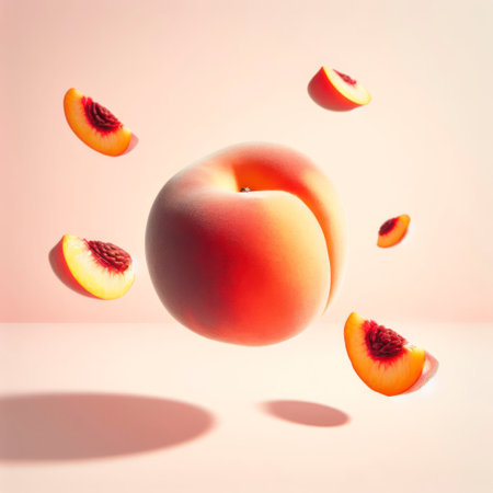 fresh raw ripe peach flying in the air on pastel gradient background. fruit food ingredient levitation. ai generative.の素材