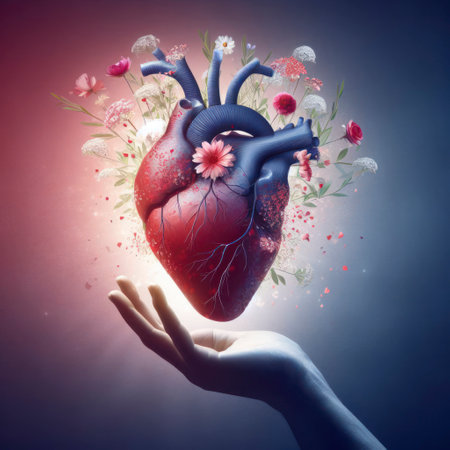 Human heart with flowers, love and emotion concept, good hearted person, help and charity. ai generative.の素材