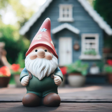 Cute gnome stand back yard house garden blure nature background. ai generative.の素材