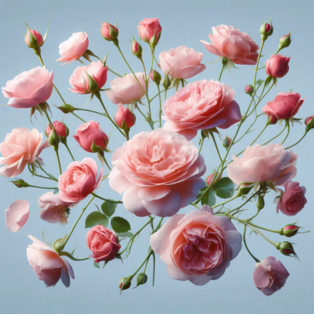 Many delicate tender pink big and small open and closed red roses, flowers and buds levitating. ai generative.の素材