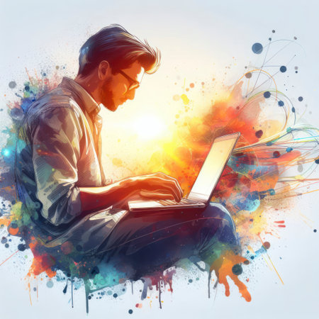 man working with laptop abstract splash colorful illustration. ai generative.の素材