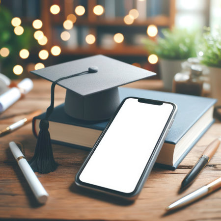 Smartphone with mockup white screen and graduation hat on it on blure bokeh background. ai generative.の素材