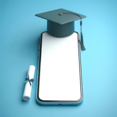 Smartphone with mockup white screen and graduation hat on it on blure bokeh background. ai generative.の素材