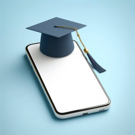 Smartphone with mockup white screen and graduation hat on it on blure bokeh background. ai generative.の素材