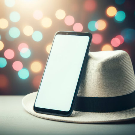 Smartphone with mockup white screen and hat on it, vibrary blure bokeh background. ai generative.の素材