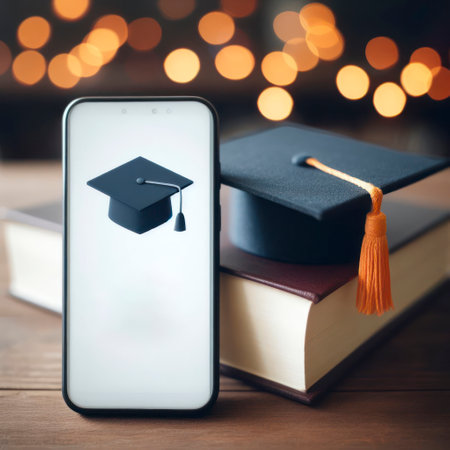 Smartphone with mockup white screen and graduation hat on it on blure bokeh background. ai generative.の素材