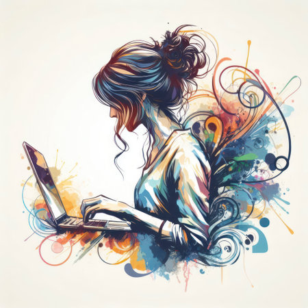 woman working with laptop abstract splash colorful illustration. ai generative.の素材