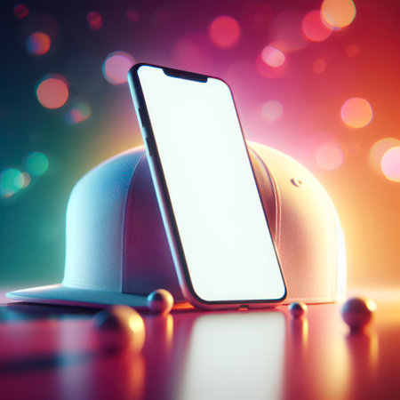 Smartphone with mockup white screen and hat on it, vibrary blure bokeh background. ai generative.の素材