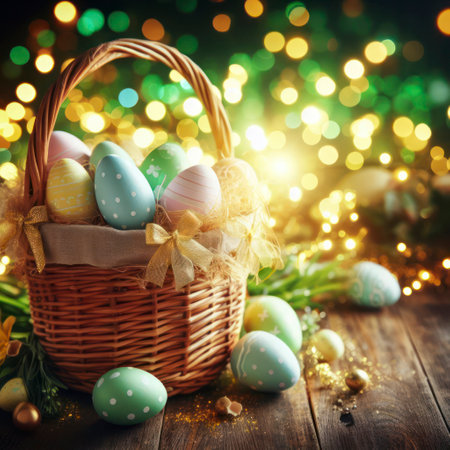 easter background - basket filled with easter eggs beside green and golden bokeh. ai generative.の素材