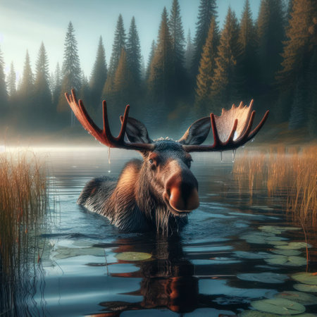 a moose is swimming in a lake with trees in the background. ai generative.の素材
