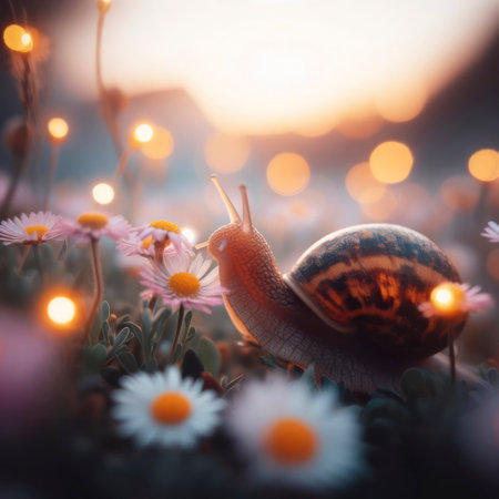 a close up of a snail in a field of flowers with lights on it. ai generative.の素材