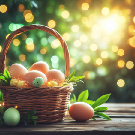 easter background - basket filled with easter eggs beside green and golden bokeh. ai generative.の素材