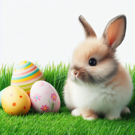 Photo easter background - easter bunny on grass on solid white background. ai generative.の素材