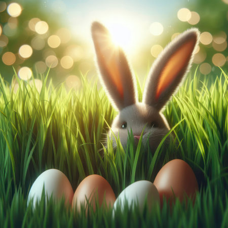 Easter bunny ears sticking out from behind tall green grass with Easter eggs blure nature background. ai generative.の素材
