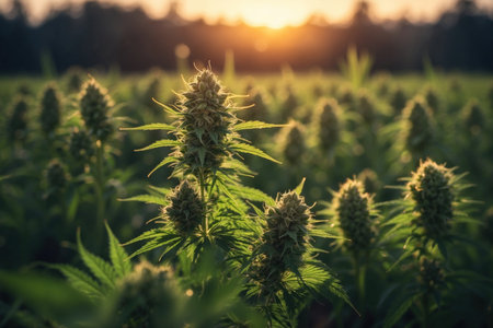 Cannabis field at sunset close up. ai generative.の素材