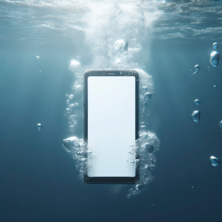 a smartphone with white screen mockup under water. ai generative.の素材