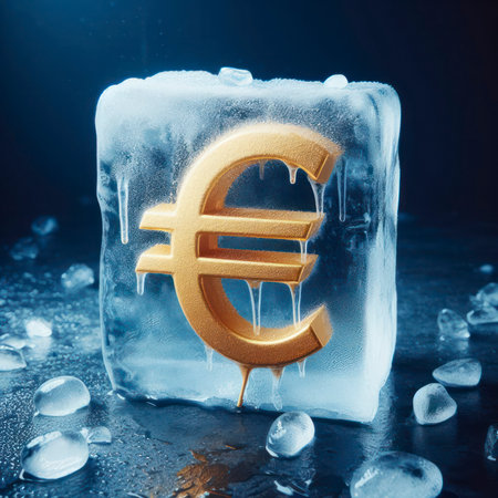Golden Euro sign frozen inside ice block on dark blue background. ai generative.の素材