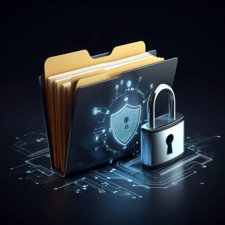 File folder and padlock illustration, privacy concept on black background 3d style. ai generative.の素材