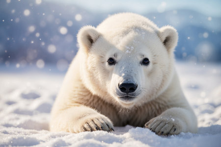 Cute baby polar bear in winter snow. ai generative.の素材