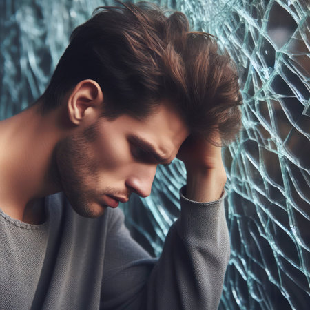 Portrait of a young, sad man against the background of broken glass. sadness and mental problems. ai generative.の素材