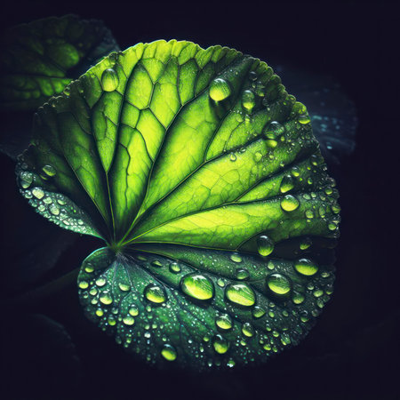 A photo of a leaf that has been altered using computer technology to show raindrops on it. ai generative.の素材