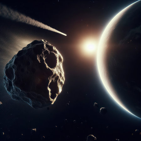 Asteroid approaching planet Earth, meteorite in orbit before impact. ai generative.の素材